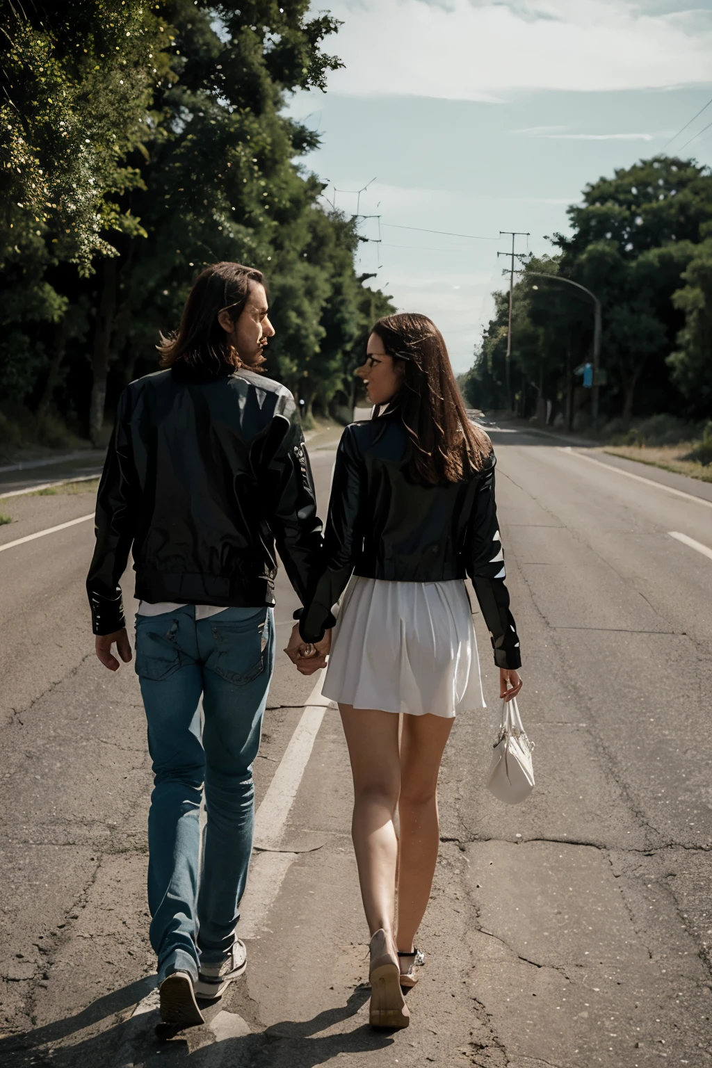 Um foto realista de um casal rockeiro em halley davison, walking on an empty road.