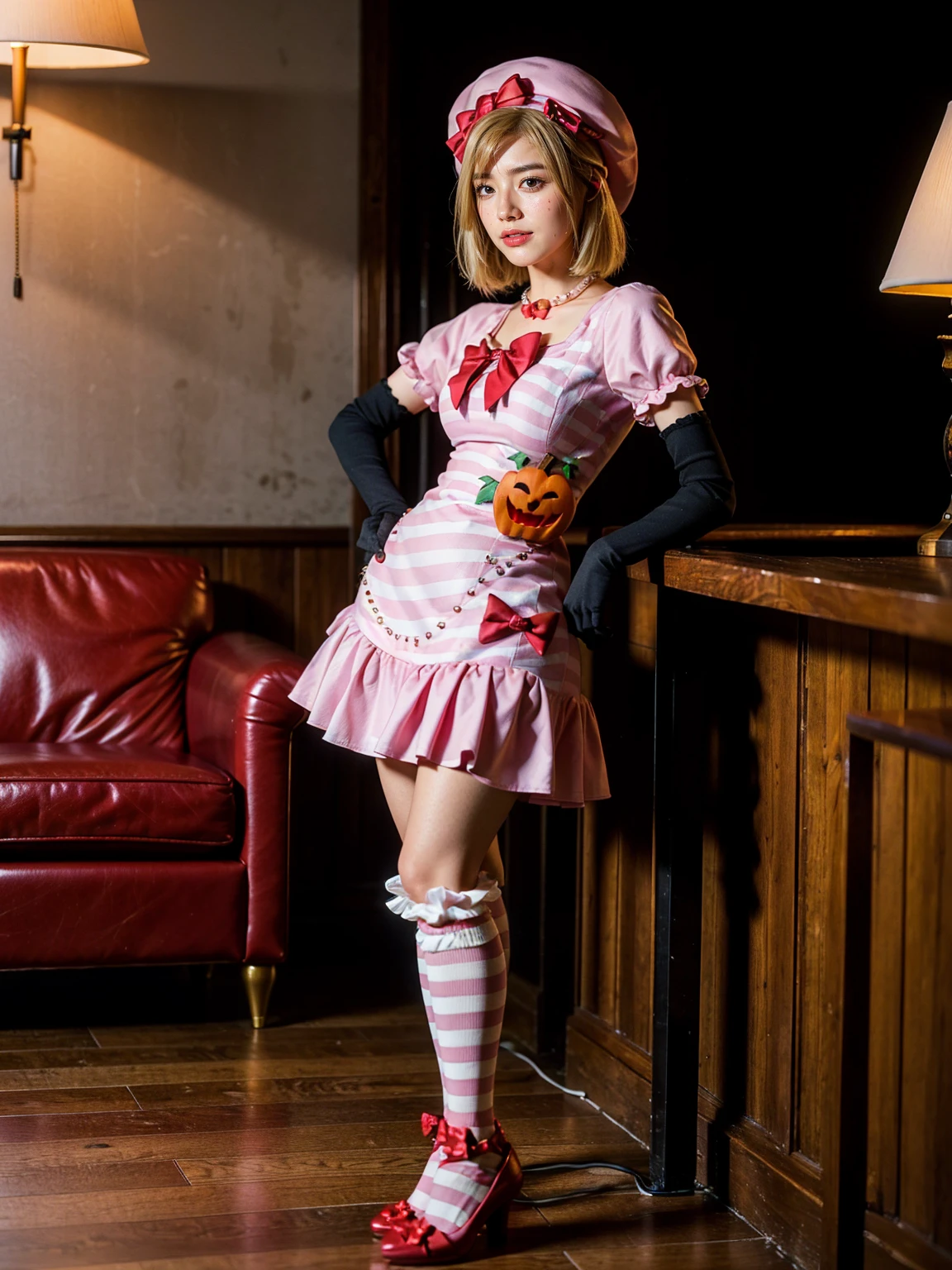 (1 lady), The beautiful, (Best quality at best:1.4), (ultra - detailed), (extremely detailed CG unified 16k), gold blonde hair, very detailed, High-definition RAW color photo, professional photoshooting, amazing face and eyes, cosmetics, (amazingly beautiful girl), ((lambdadelta)), ((dress, shoes bow, red shoes, striped stockings, red bow, pink hat, necklace, gloves, pearl, pumpkin brooch, pink dress)), standing, sexyposture,(Dark and stylish bar, drinks, lamp lights, lamp lights:1.3), (look from down), realistic cinematic face, head to feet long wide zoomed out view, full body long view, photorealistic, ((realistic natural blonde hair style, honey eyes)), gorgeous, extremely beautiful face, perfect model beauty, pout mouth, flirting smile, cleavages, city girl, western, shopping in the city, (masterpiece), best quality, high resolution, extremely detailed, blurred background, depth of field, cinematic lighting, amazing legs, high heels, clear and well-cared skin