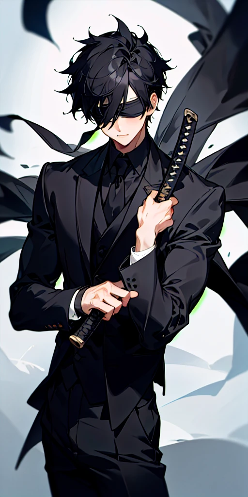 (masterpiece, best quality),1boy with black hair and has a blindfold around his eyes he is blind, wearing a black suit and pant and holding a dark katana in his right hand 