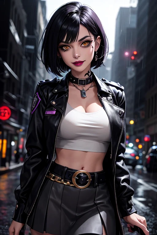 Beautiful police vampire, short black French bob hair at the back of her neck, yellow eyes with punk style makeup, purple lipstick, wearing a gray fitted blouse and skirt, punk style jacket, police badge on her belt, showing her defined abdomen, charming smile, in the backdrop of the night city with gentle rain