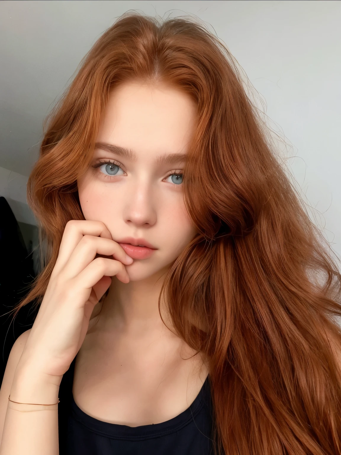Hay una mujer con el pelo largo y rojo posando para una foto., anna nikonova aka new milkmaid, yelena belova, Dasha Taran, novia rusa, Angelina Stroganova, chica pelirroja, anastasia ovchinnikova, piel roja suave, cabeza roja, pretty face with brown and red hair, pelo ondulado de jengibre, 🤤 girl portrait, pelo rojo largo y brillante