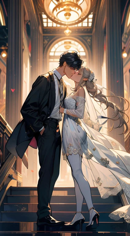((obras-primas)), Melhor qualidade, outstanding illustration, um casal se beijando, foco suave, 1 menino com cabelo preto curto, olhos azuis, 1 garota com cabelos ruivos longos e ondulados, olhos amarelos dourados, Roupas vitorianas, Romantismo vitoriano, atmosfera opulenta e requintada, soft light and warm lighting.