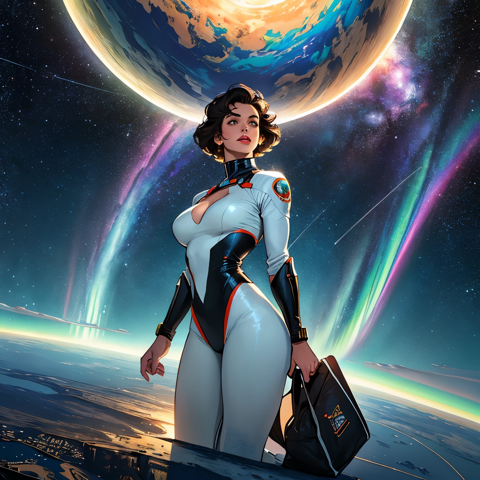 (((32k))),(((Highest quality))),(Perfect One Woman),60's,70's,80's,old movie posters,retro,vintage,bauhaus,abstract,Space Thriller Movie Poster,Futuristic,shape,OK,cosmos,galaxy,satellite,mechanical,Geometric pattern,meteor,meteorite,planet,very delicate,Space flyer OK,Milky Way,((big breasts)),(cleavage),rainbow,massive stream of light,flare,overlay,aurora,Starry sky,infinite possibilities,strongest,Highest,(perfect fingers),perfect physical beauty,perfect limbs,naked