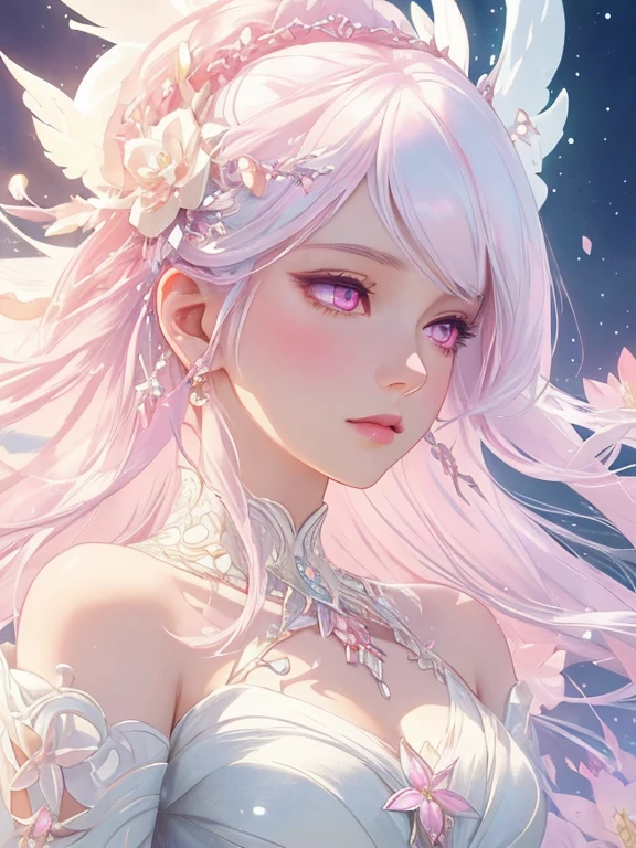 dazzling colorful lights,intricate details,close up of face,Pale pink eyes and white hair with crystal details,Beautiful woman,White flowers in her hair,pale skin,bright background,fantasy art style,Fantastic illustrations of Kawashi,pastel colour,Inspired by anime aesthetics,Ethereal Light,fantasy style,clavicle,shoulder exposure,floating feathers,Shining in a variety of colors,anime style.,Side angle of view,UHD,rough skin,advanced details,highest quality,highest quality,