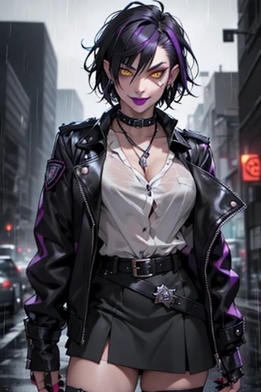 Beautiful police vampire, short black French bob hair at the back of her neck, yellow eyes with punk style makeup, purple lipstick, wearing a gray fitted blouse and skirt, punk style jacket, police badge on her belt, showing her defined abdomen, charming smile, in the backdrop of the night city with gentle rain