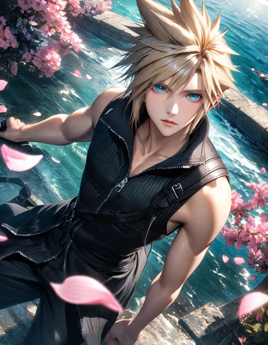 Ultra detailed, Highres, absurdres, HDR, Cloud Strife, ash blonde hair, blue eyes, Final Fantasy VII advent children, handsome, 1 man only, water, pink petals, pink butterflies,