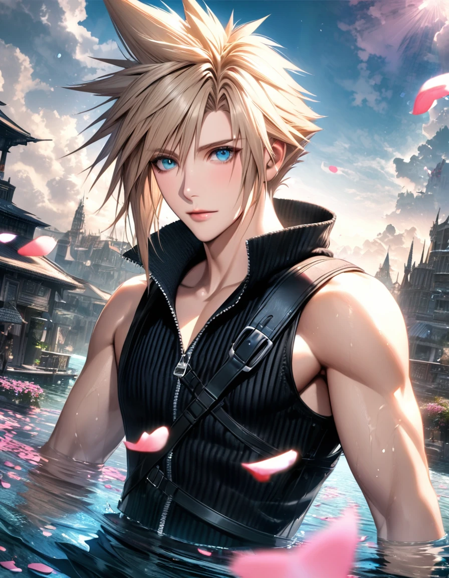 Ultra detailed, Highres, absurdres, HDR, Cloud Strife, ash blonde hair, blue eyes, Final Fantasy VII advent children, handsome, 1 man only, water, pink petals, pink butterflies,