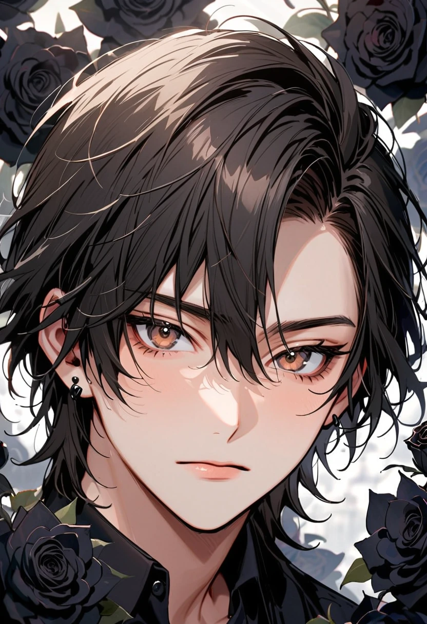 A young man, 22-years-old, solo, Caucasian, masculine face, shaggy tousled black hair, brown eyes, black formal shirt, small silver earrings, surrounded by lots of black roses, close-up, portrait, looking at viewer