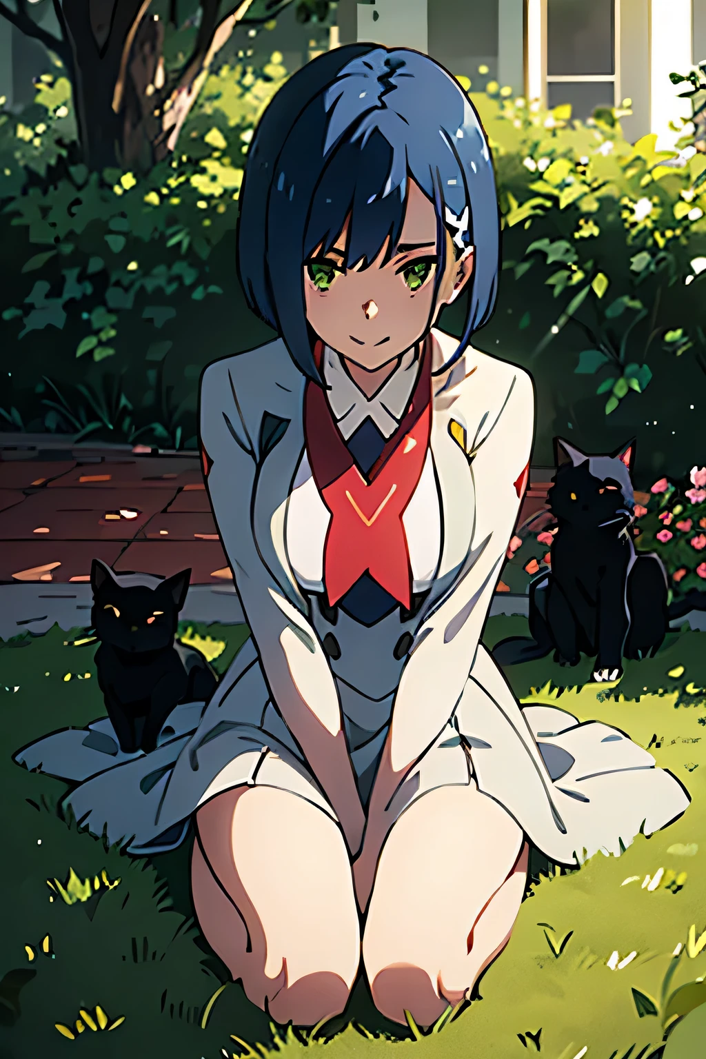 Best quality, beautiful face, detailed, perfect body, 
Girl, Green eyes, cute smile, short dark blue hair, cute smile, cute body, Ichigo from Darling in the Franxx, Ichigo clothes from Darling in the Franxx, Sakura trees background , Beautiful facial features, neat and tailored clothes, normal-sized breasts,Tidy clothes, sitting on a lawn chair, next to her is a black cat, gray suit, red tie, 