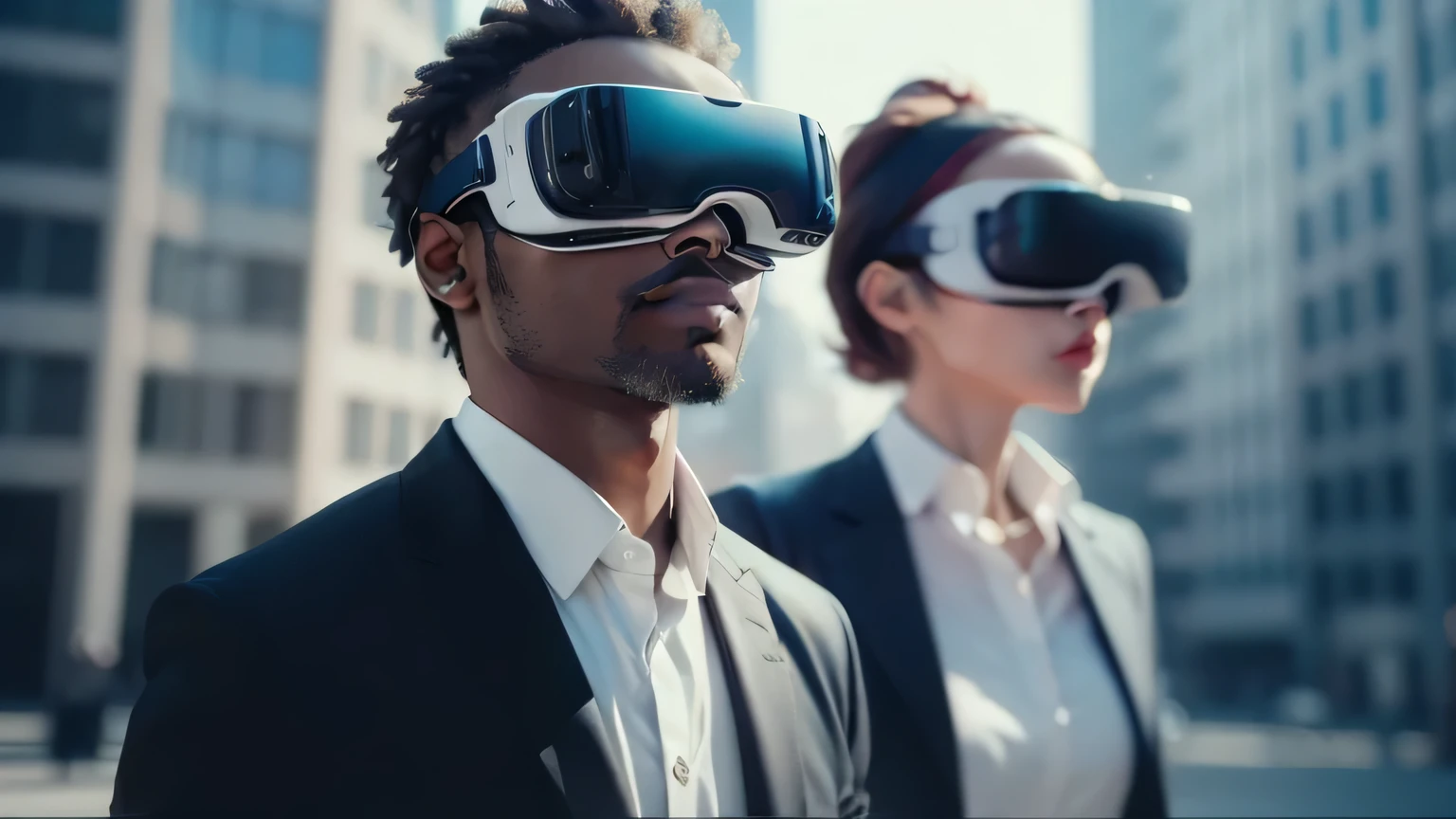 two people wearing virtual glasses in an urban environment, wearing Virtual reality glasses, wearing Virtual reality glasses, Virtual reality glasses, wearing a fone de ouvido vr, Virtual reality glasses, realidade virtual headset, usando um fone de ouvido VR, the image is futuristic, usando VR, realidade virtual, Googles VR, fone de ouvido vr, futuristic glasses, augmented vision, realidade virtual metaverse engine, futuristic fone de ouvido vr
