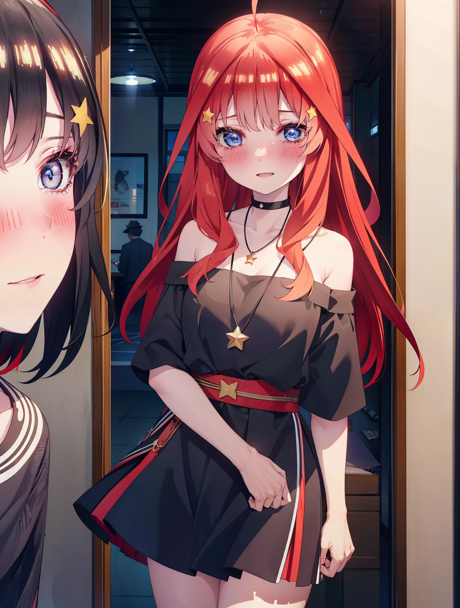 itsukinakano, itsuki nakano, bangs, blue eyes, hair between eyes, Ahoge, redhead, star \(symbol\happy smile, smile, open your mouth,skirt,blush, hair ornaments, star hair ornaments,Red off-shoulder sweater,bare shoulders,bare clavicle,naked neck,heart pendant necklace,黒色ロングskirt,Mini Boots,whole bodyがイラストに入るように,
break indoors, ショッピングモール
break looking at viewer,whole body (cowboy shot:1.5),
break (masterpiece:1.2), highest quality, High resolution, unity 8k wallpaper, (figure:0.8), (detailed and beautiful eyes:1.6), highly detailed face, perfect lighting, Very detailed CG, (perfect hands, perfect anatomy),