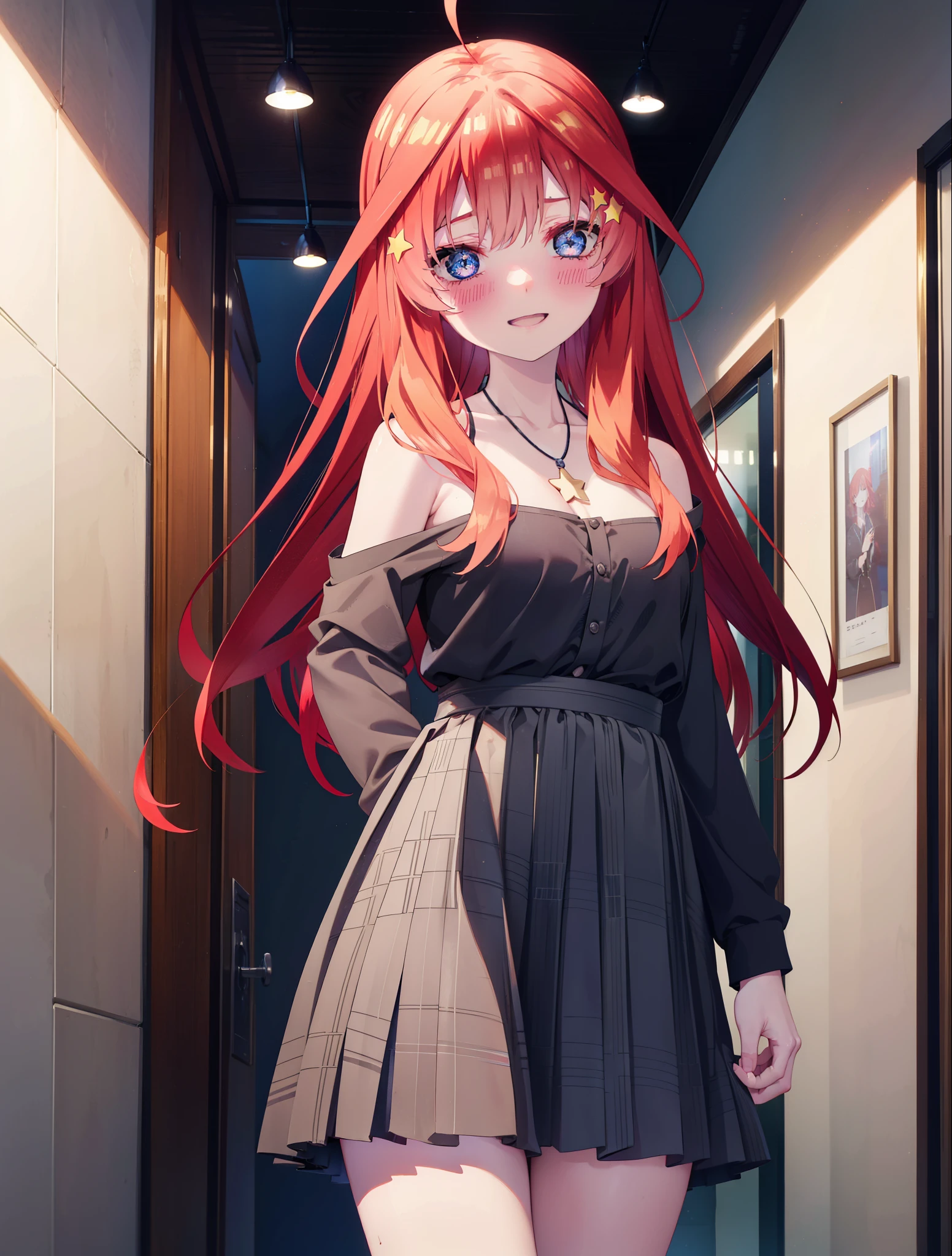 itsukinakano, itsuki nakano, bangs, blue eyes, hair between eyes, Ahoge, redhead, star \(symbol\happy smile, smile, open your mouth,skirt,blush, hair ornaments, star hair ornaments,Red off-shoulder sweater,bare shoulders,bare clavicle,naked neck,heart pendant necklace,黒色ロングskirt,Mini Boots,whole bodyがイラストに入るように,
break indoors, ショッピングモール
break looking at viewer,whole body (cowboy shot:1.5),
break (masterpiece:1.2), highest quality, High resolution, unity 8k wallpaper, (figure:0.8), (detailed and beautiful eyes:1.6), highly detailed face, perfect lighting, Very detailed CG, (perfect hands, perfect anatomy),