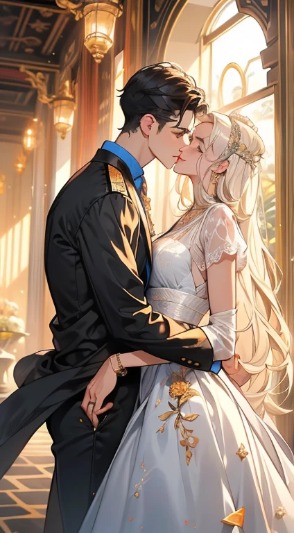 ((obras-primas)), Melhor qualidade, outstanding illustration, um casal se beijando, foco suave, 1  com cabelo preto curto, olhos azuis, 1 garota com cabelos ruivos longos e ondulados, olhos amarelos dourados, Roupas vitorianas, Romantismo vitoriano, atmosfera opulenta e requintada, soft light and warm lighting.