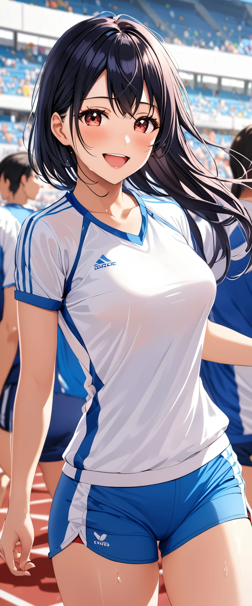 woman,black hair,14 years ,,beautiful breasts,(((Sexy white and blue shiny gym clothes and shorts)))((See-through))(((cheeks turn red、smile with open mouth)),,crowd,Shiny white and blue gym clothes and shorts,(wet with sweat)