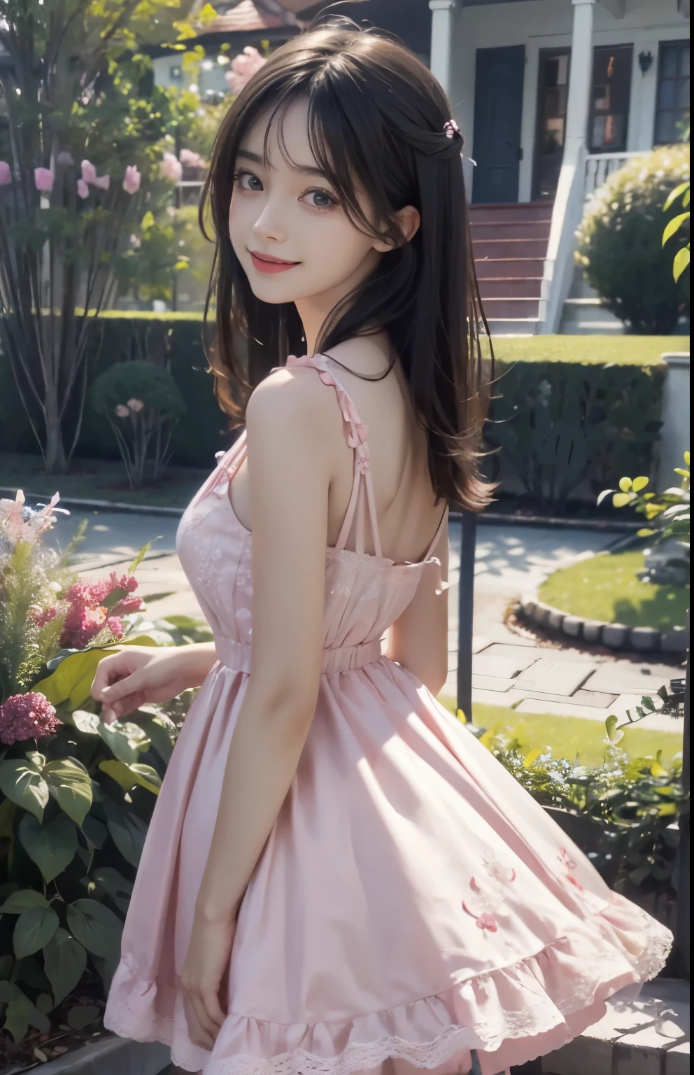 (ultra realistic) , (illustration), (increase resolution), (8K), (extremely detailed), (best illustration), (beautiful detailed eyes), (best quality), (ultra-detailed), (masterpiece), (wallpaper), (detailed face), solo,1 girl, looking at viewers, black straight hair, delicate details, in the dark, deep shadow, low key, pureerosfaceace_v1, happy smile, pink summer dress, full body, garden