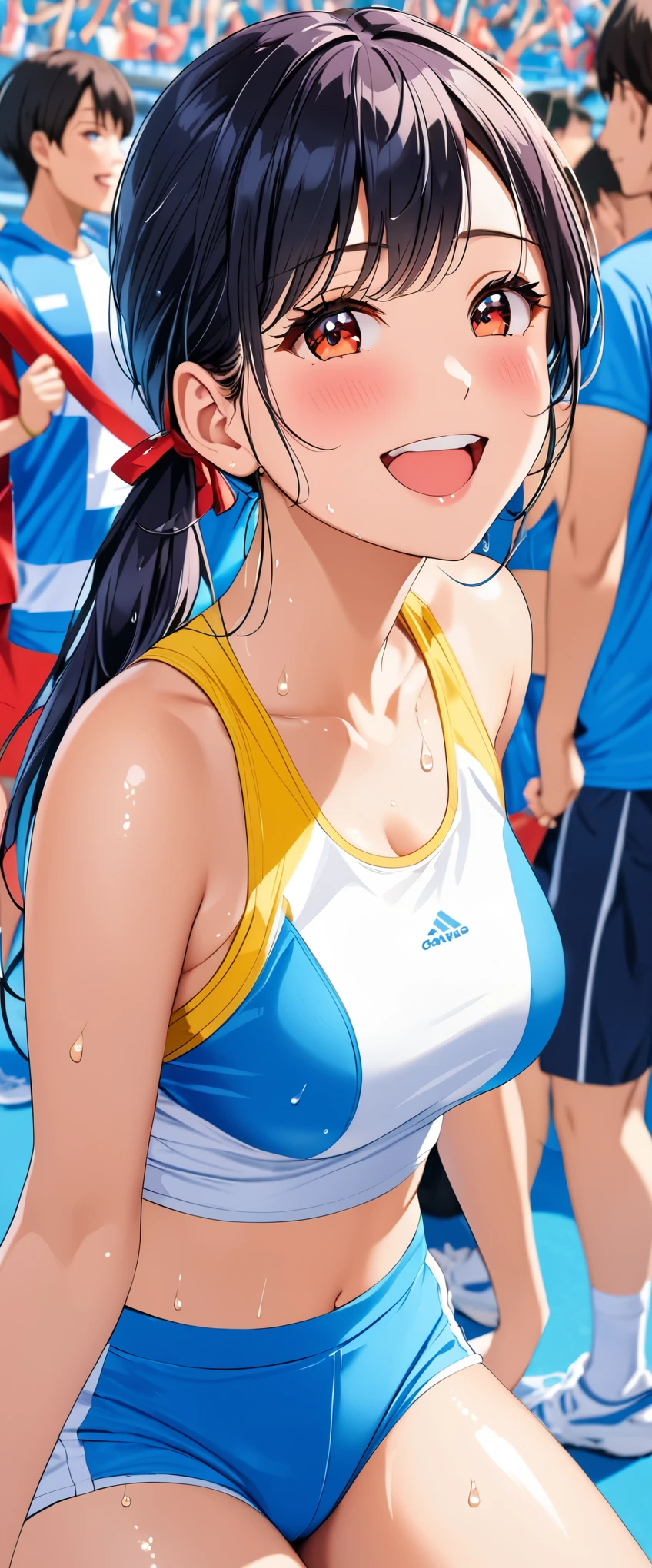 woman,black hair,14 years ,,beautiful breasts,(((Sexy white and blue shiny gym clothes and shorts)))((See-through))(((cheeks turn red、smile with open mouth)),,crowd,Shiny white and blue gym clothes and shorts,(wet with sweat)
