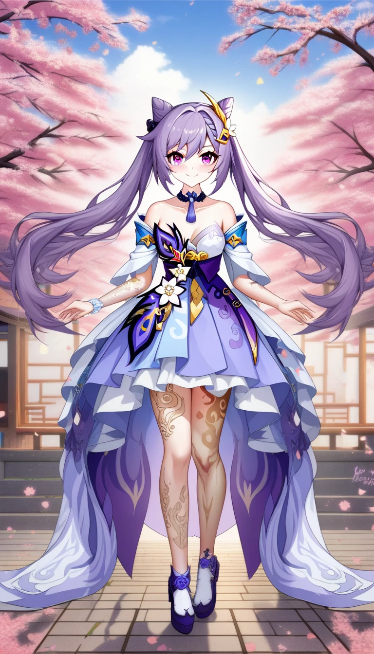 1 girl,purple hair,purple eyes, Detailed Eyes, Cat Ear, Keqing , Keqing from Genshin Impact, ultra-detailed, perfect face, magnificent eyes, Cheerful, smiling, digital art, surrounded by sakura tree, beautiful wedding dress, full body art,