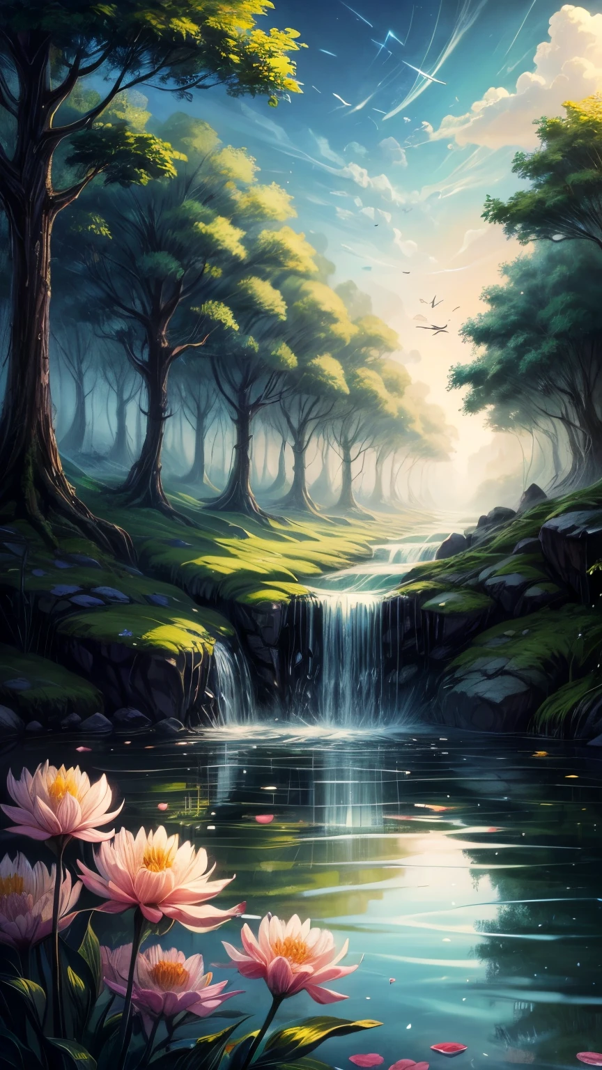 Rainforest at dusk,pond,flowers,Pixar movie style, best quality, movie stills,