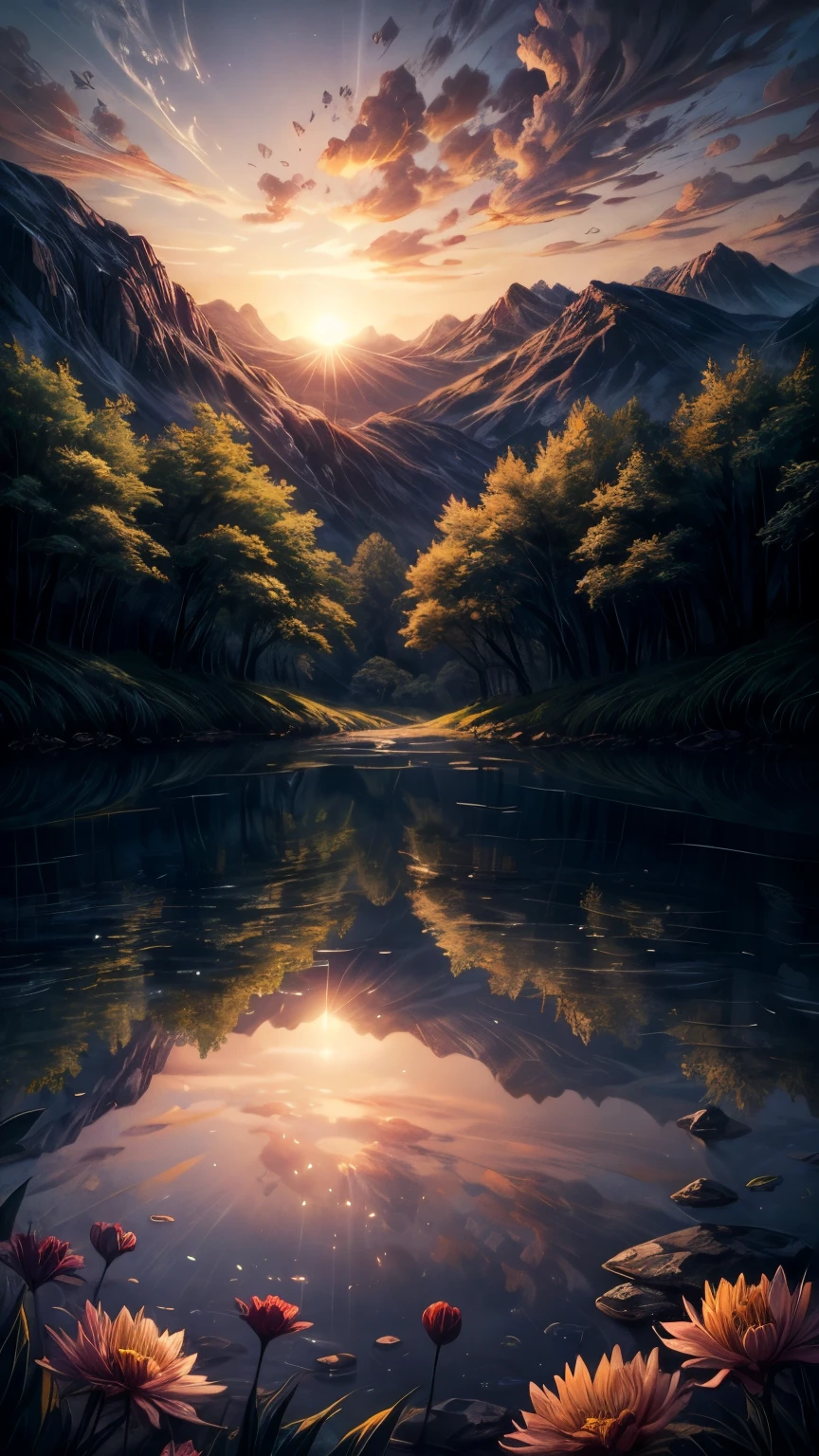 Rainforest at dusk,pond,flowers,Pixar movie style, best quality, movie stills,