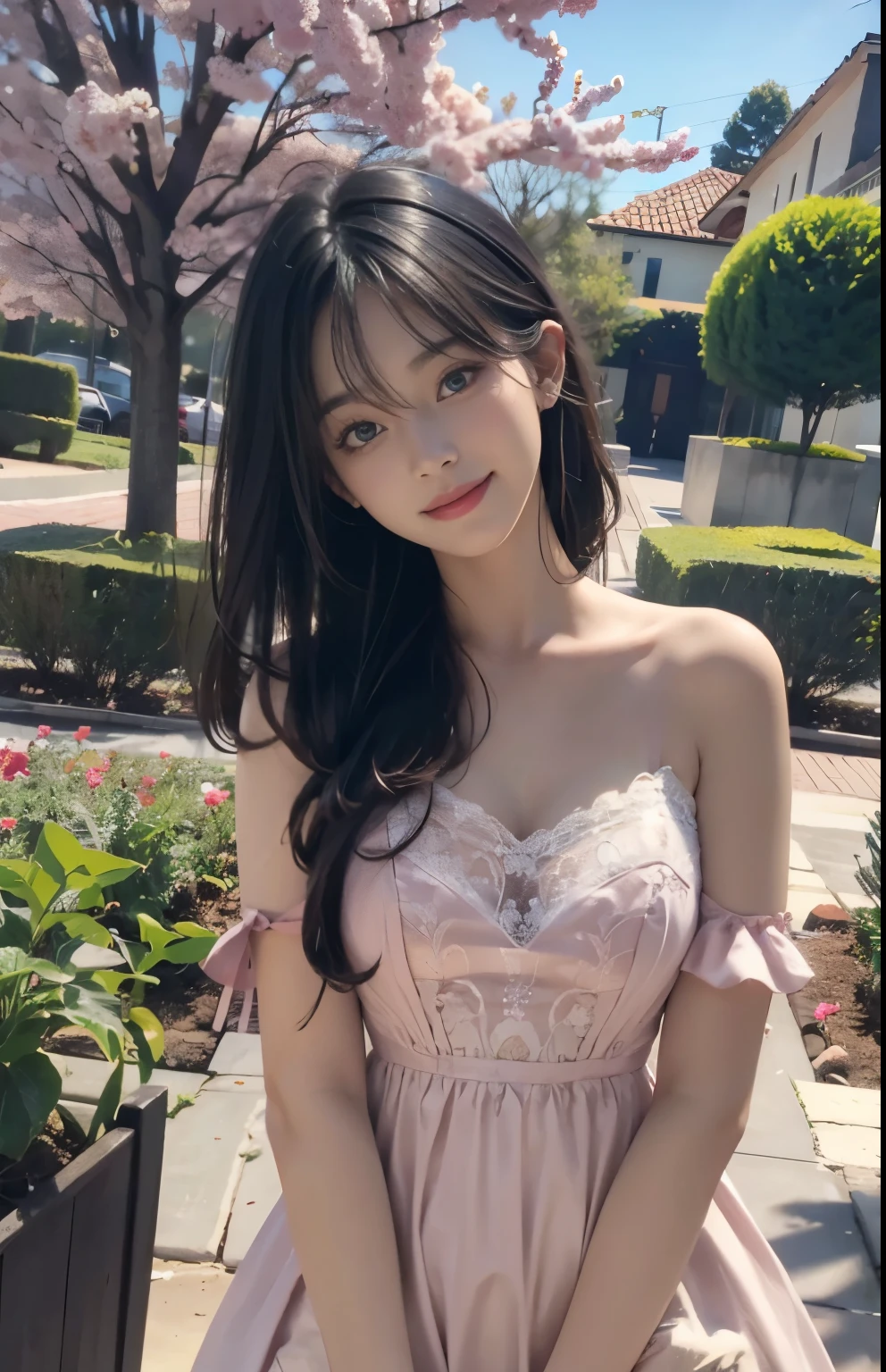 (ultra realistic) , (illustration), (increase resolution), (8K), (extremely detailed), (best illustration), (beautiful detailed eyes), (best quality), (ultra-detailed), (masterpiece),  (wallpaper), (detailed face), solo,1 girl, looking at viewers, black straight hair, delicate details,  in the dark, deep shadow, low key, pureerosfaceace_v1, happy smile, pink summer dress, full body, garden