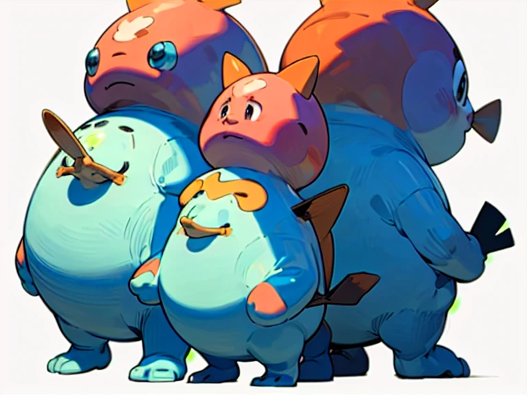 A plump alien, round head, small slanted eyes, rectangular mouth, two legs, very long coiled arms, red skin, has no hair, but has body hair color red