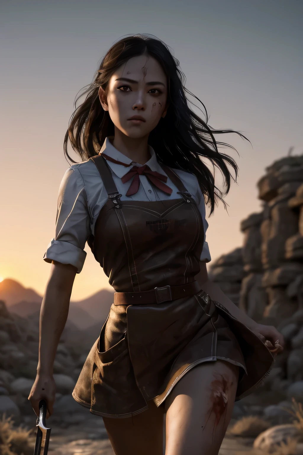 (masterpiece), (very complicated:1.3), (realistic), girl portrait, (dark fantasy, gore), (dynamic perspective), the most beautiful in the world, (waitress), outdoor, dynamic angle, running fighting stance, dry river bed, Kure, Haifa, Stunning female professional photo details, sharp focus, dramatic, Award history, cinematic lighting, Octane Rendering Unreal Engine, volumetrics dtx, (film grain, blurred background, blurred foreground, Bokeh, Depth of the bounds written, sunset), holding sickle