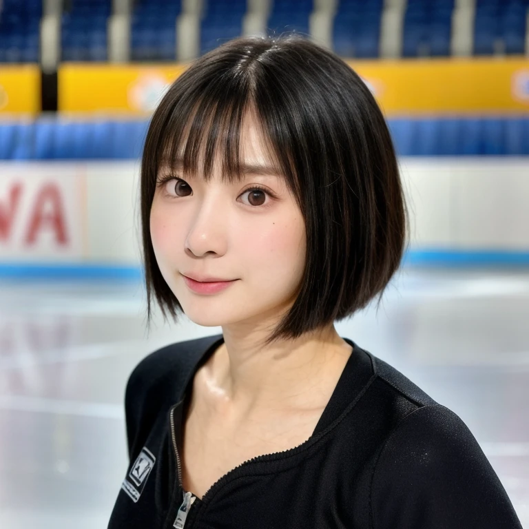 (kawaii 24 year-old Japanese girl, Nogizaka idol, Korean idol), healthy female athlete, figure skater, (glossy black hair, messy very short hair, messy pixie cut, symmetric hair length, even length hair edges:1.3), (bangs), (rounded face, black eyes, single eyelid, no makeup, soft smiling:1.2), (wearing long sleeved black training half zip tops:1.3), flat chest, extra small breasts, black sports leggings, (looking at viewer:1.2), BREAK, (ice skate arena background:1.3), (dynamic angle:1.3), face focus, BREAK, (masterpiece, best quality, photo realistic, official art:1.4), (UHD, 8K quality wallpaper, high resolution, raw photo, golden ratio:1.2), (shiny skin), professional lighting, physically based rendering, award winning, (perfect anatomy, highly detailed skin, extremely detailed face and eyes), Carl Zeiss 300 mm F/2.8, depth of field, 1girl, solo,