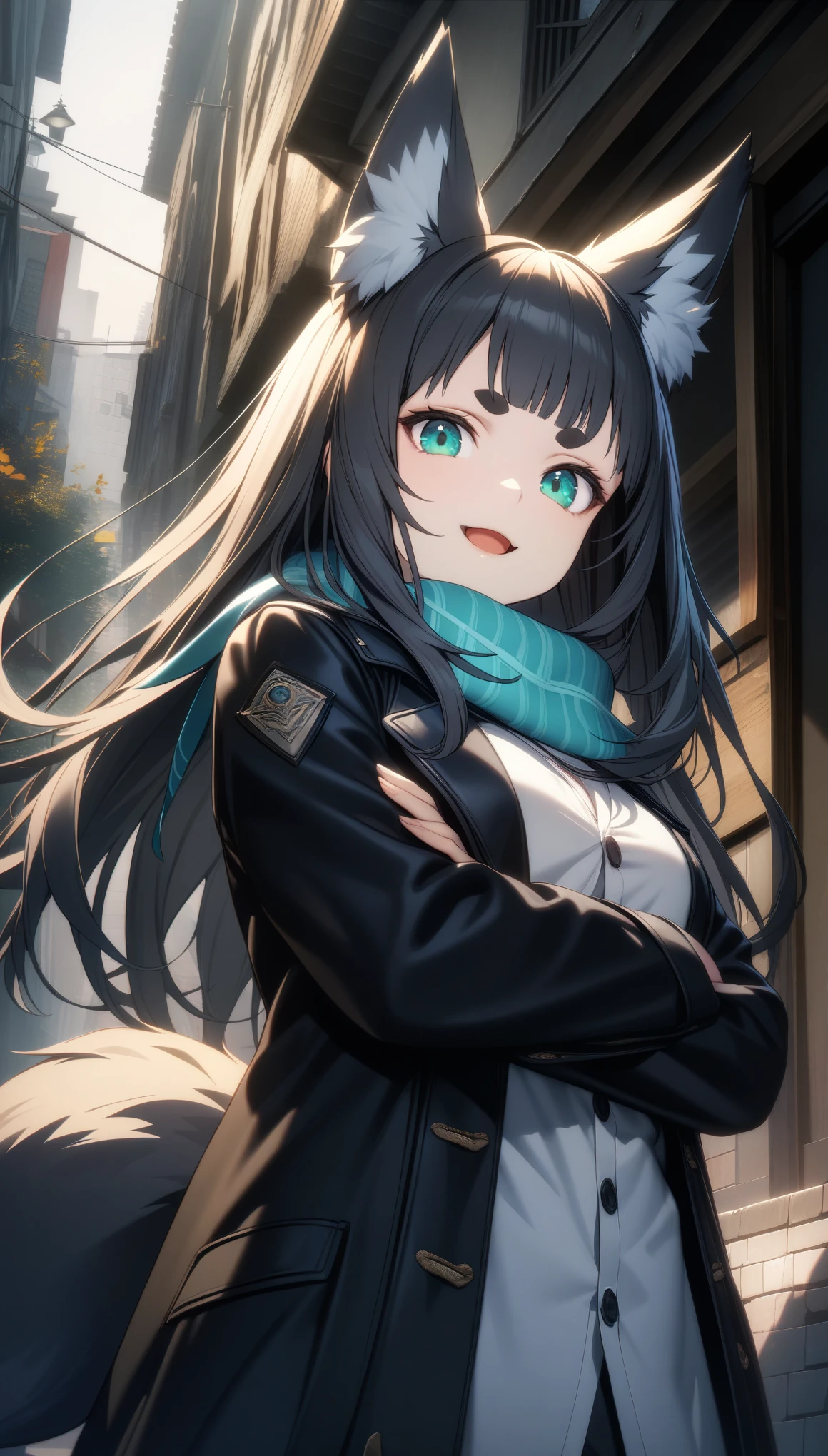 32k, best quality, ultra high res, HDR, UHD, extremely detailed CG, unity 32k wallpaper,  1 girl, animal earsの綿毛, animal ears, aqua eye, bangs, black coat, chest, button, coat, crossed arms, fox ears, fox girl, High resolution, large chest, long hair, looking at the viewer, open your mouth, 部分的にbuttonを外した状態,  road, scarf, shirt, short eyebrows, smile, alone, Are standing, street, tail, thick eyebrows, Upper body, white shirt, from below