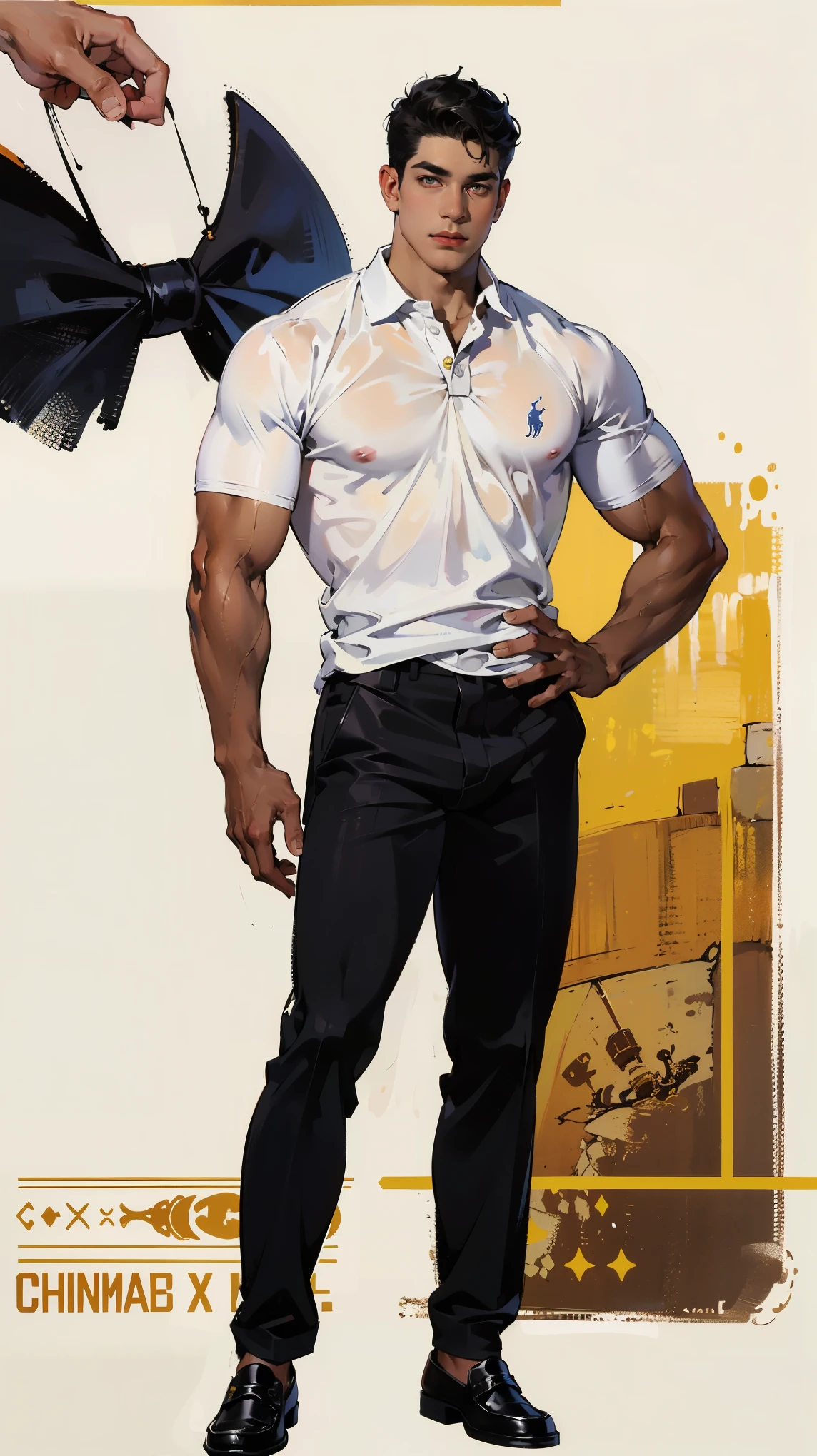 (best quality, 8k, highres, masterpiece:1.2)),((character concept art)), 1 male character, age 16, Tall stature, muscular physique, athletic build, washboard six-pack abs, broad shoulders, well-defined biceps, chiseled jawline, deep-set eyes, prominent nose, strong handsome facial features, thick black hair, physically fit, high school heartthrob, casual yet stylish clothing, preference for athletic wear, neat and well-groomed appearance, carries himself with confidence, has a commanding presence, lean body , healthy glowing skin, stylishly tousled hair, exudes youthful charm and charisma, has a natural and effortless style, (((wearing outfit from Ralph Lauren (black polo shirt) , (cream color slim-fit chinos), (tan sued loafers), no sock.))) noticeable athletic physique, strikingly handsome, garners attention naturally, well-maintained hands due to meticulous grooming habits, captivating smile, charismatic aura, (intricate detail), (super finely detailed muscular body), (ultra finely detailed cloth), ((accurate anatomy)), (Stand relaxed), (full body showcase), (show full body), (no logos on background), (no logo), ((plain background)), ((plain background)), (((empty background)))..