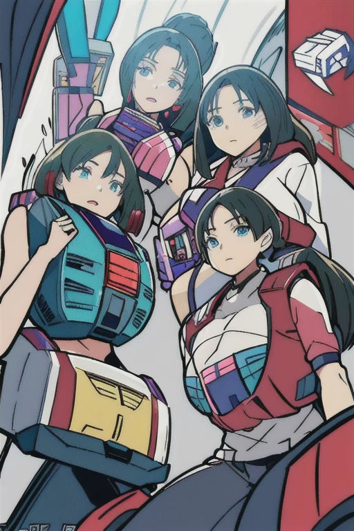 masterpiece, highest quality, (Transformer-),
(A perfect and pretty human female face),
All of the bodies have their internal skeletons exposed except for their faces.,
None of them are wearing exoskeletons.,
Everyone is showing off their bodies,
lively, colorful,
Inside the maintenance workshop,
Under maintenance, Wide scree-The,
背景の整備中のAutobot,
sitting,
master piece,
multiple, Some are in the process of transforming into beagle mode for planes and cars., Autobot, (6+Transformerー:1.9)