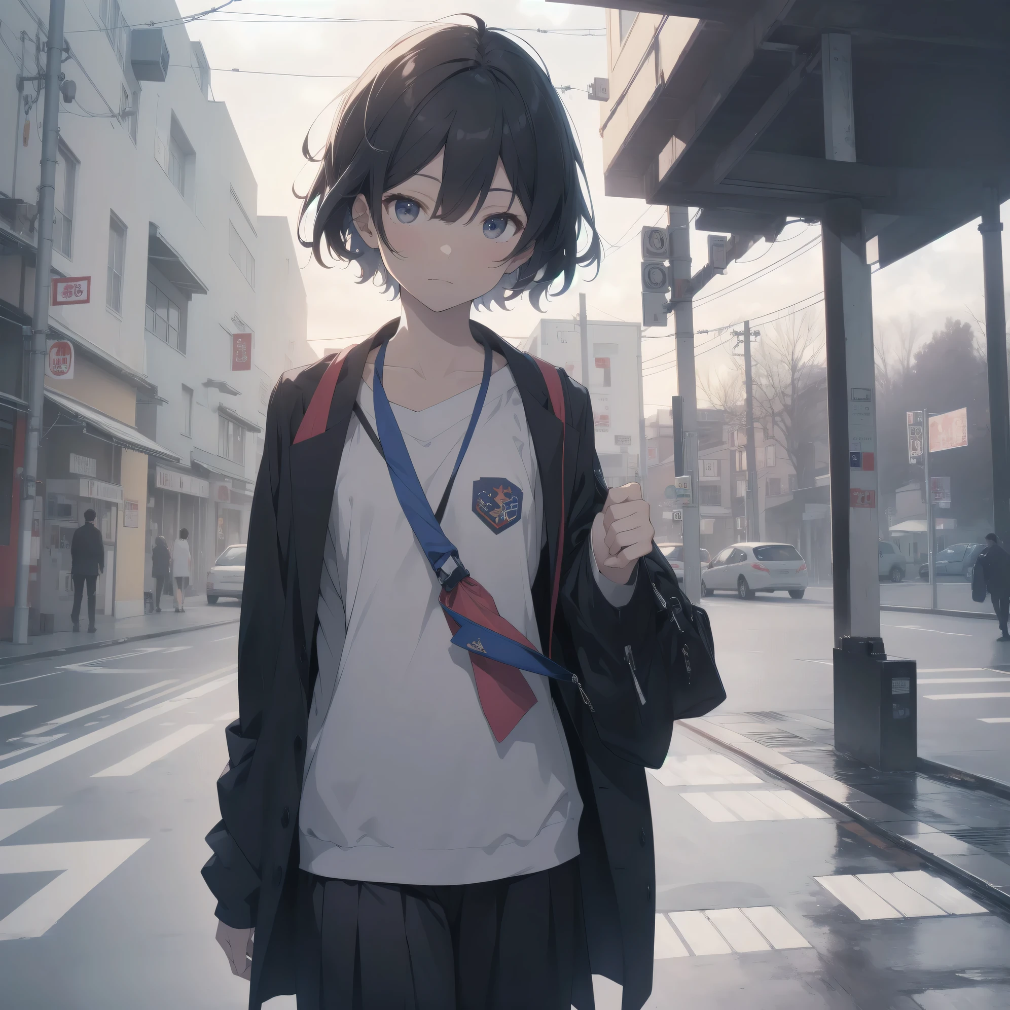 ultra-absurdres-Top quality by artist God, ultra-detailed, high resolution, anime moe artstyle, best anime 8k konachan wallpaper, pixiv contest winner, perfect anatomy,break, 1girl, (Please draw a girl walking sleepily to school alone. )break,(Solo,little female, 13-year-old:1.3),Full limbs, complete fingers,a junior high school student, Attractiveness of immature bodies, (very short hair), short cut, flat chest, , small butt, small black eyes, beautiful detailed eyes, well-proportioned iris and pupils, expressive eyes, highres detailed hair, soft expression, school_uniform, official_alternate_costume, pleated skirt,(Detailed Lighting), (Detailed background), in the School commute route. break,super detailed skin, Best cinematic lighting powered by famous artist, 8k,beauty illustration,photoshop_(medium),very aesthetic,break,((artist:kouji_(campus_life) )), artist:akinashi yuu ,artist:oyari ashito ,artist:kantoku ,