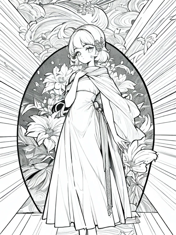 linha preta, monochrome, fundo branco, (fundo simples: 1.2), um desenho de um vestido de moda, corpo todo, detalhes, obra de arte,