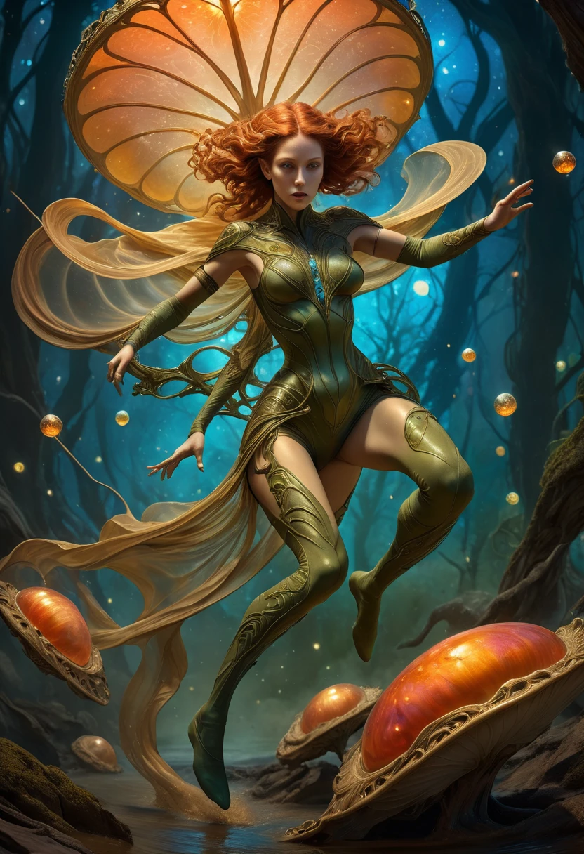 best quality,4k,8k,highres,masterpiece:1.2,ultra-detailed,realistic:1.37,HDR,UHD,studio lighting,ultra-fine painting,sharp focus,physically-based rendering,extreme detail description,professional,art nouveau,tarot card style, (2characters:1.6), dynamic angle, action shot, lustful pose, lascivious face expression, alien female,(creatures from outer space), cyborg style,(An alien female is crawling out of a cocoon:1.5), evolution, (she is reborn as a stronger form), (the alien body fluids nurture the surroundings), (several blood streams flows into the warrior's corpse:1.37), fractalized, android, (wearing a glass exoskeleton),organic exoskeleton,alien flora,(incredible bioluminescent fungi),vivid colors,earthen and olive hues,trending on cgsociety,landscape,horror,(sci-fi),concept artists,bright and vibrant colors,dreamy lighting