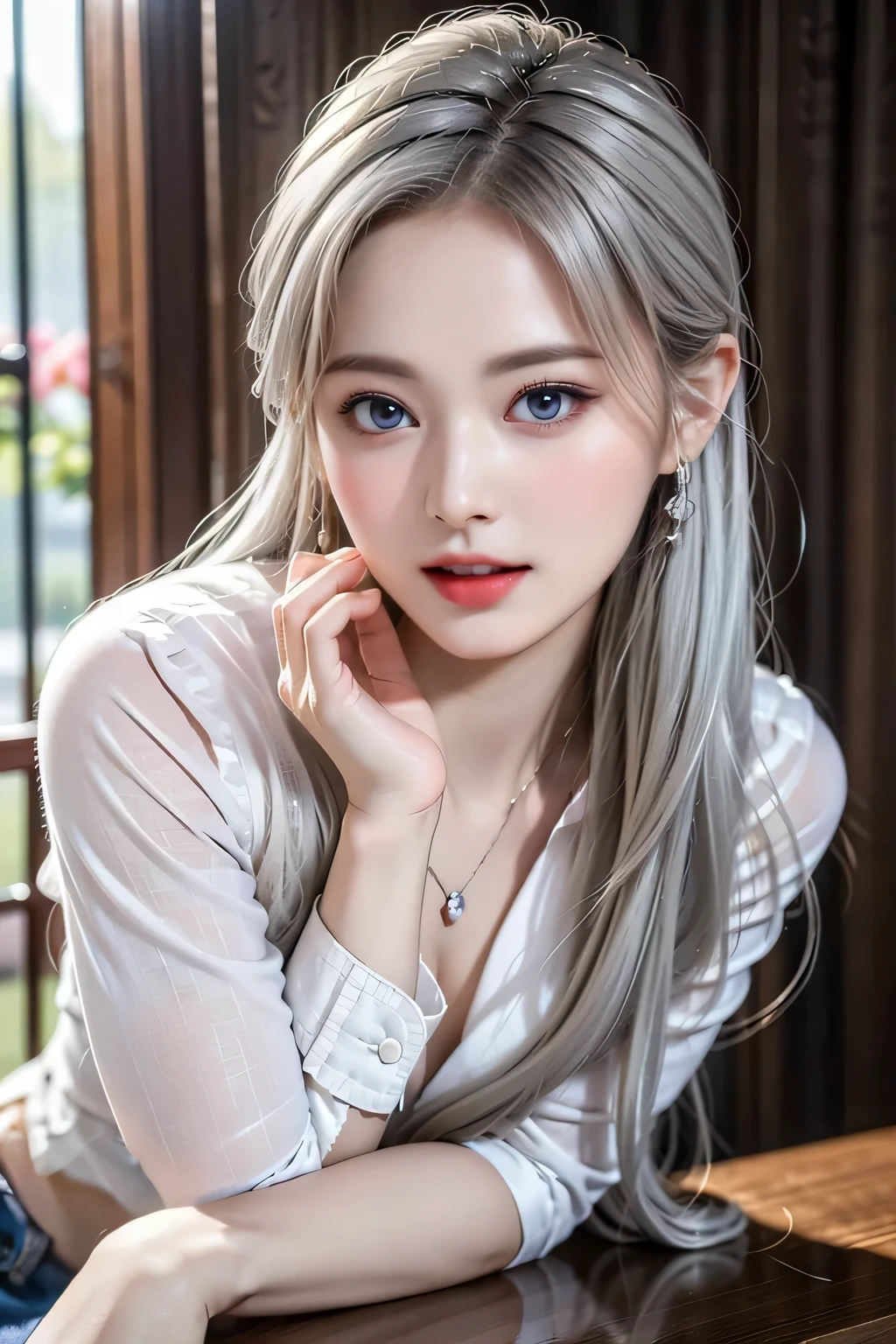 top quality work，Actual work，Ultra Premium Graphics，8K HD CG works，High quality graphics，High-definition CG works，10x pixels，super fine details：1.1，Advanced technical details：1.1Photo-realistic，Indoor Lighting Effects：1.5，Natural light：1.5. light effect（virtual light effect：1.8），超A high resolution，長いsilver hair，silver hair，transparent hair，high detail hair（premium hair detail：1.1）clear eyes，beautiful double eyelids，sharp eye makeup, delicate eyelash makeup, thin eyebrows, highly detailed eyes，high nose, nice red lips, rose cheeks, A face with delicate makeup , cute face, perfectly proportioned face,（Advanced facial details：1.1），shiny，summer sexy、whiteＴshirt),(Jeans Skirt），stiletto heels，woman&#39;artwork of，full body figure，realism，wonderful，My eyes are shining today