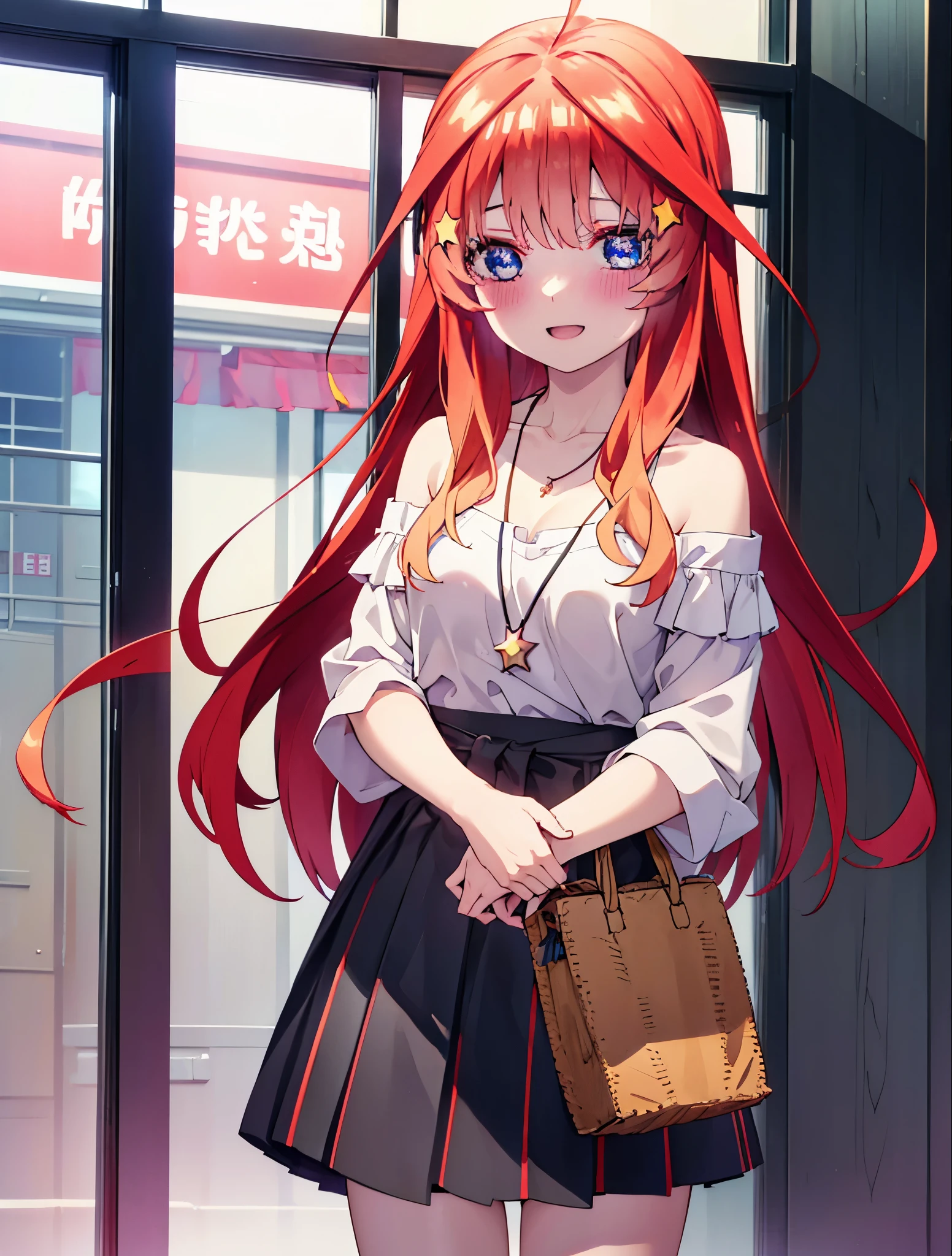 itsukinakano, itsuki nakano, bangs, blue eyes, hair between eyes, Ahoge, redhead, star \(symbol\happy smile, smile, open your mouth,skirt,blush, hair ornaments, star hair ornaments,Red off-shoulder sweater,bare shoulders,bare clavicle,naked neck,heart pendant necklace,黒色ロングskirt,Mini Boots,whole bodyがイラストに入るように,
break indoors, ショッピングモール
break looking at viewer,whole body (cowboy shot:1.5),
break (masterpiece:1.2), highest quality, High resolution, unity 8k wallpaper, (figure:0.8), (detailed and beautiful eyes:1.6), highly detailed face, perfect lighting, Very detailed CG, (perfect hands, perfect anatomy),