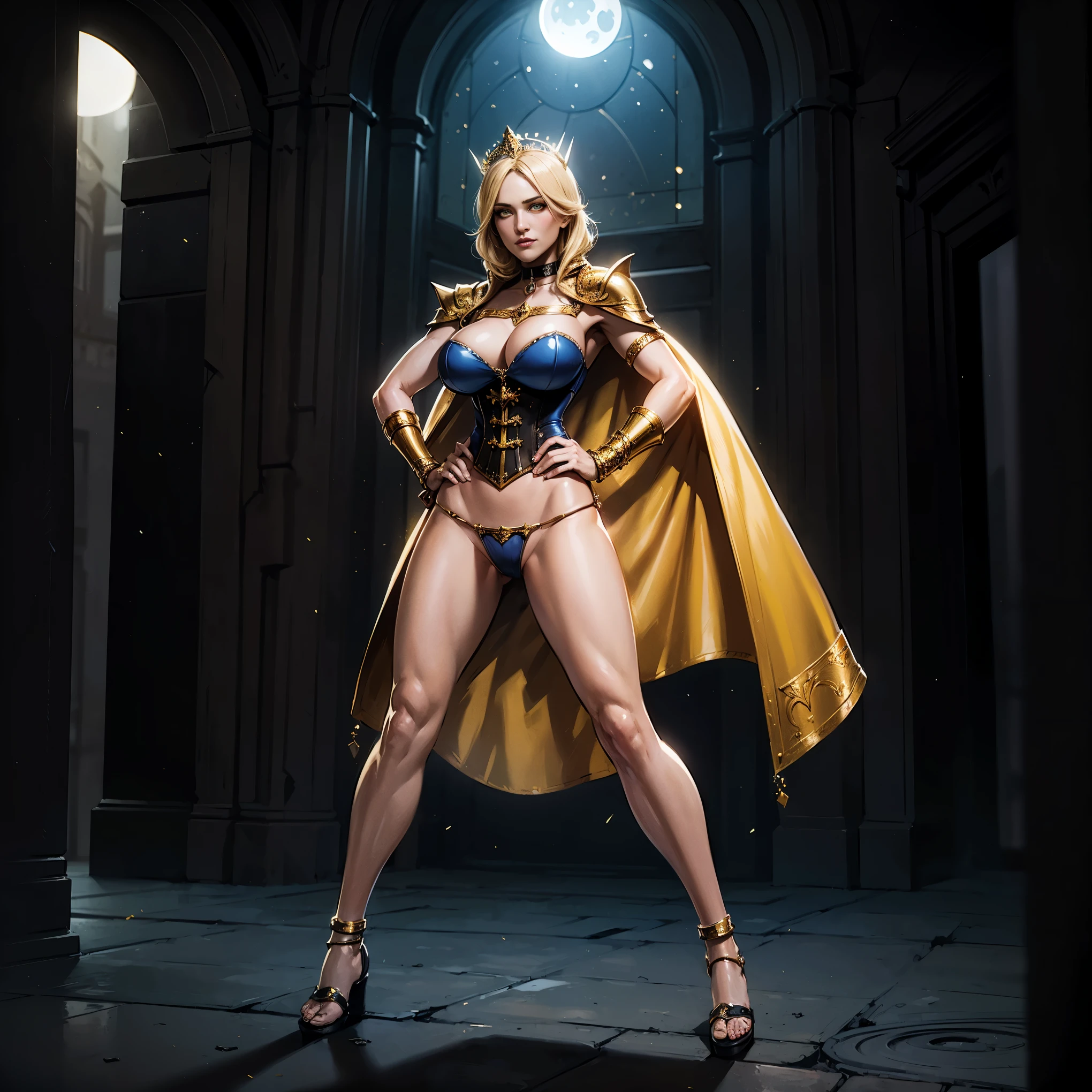 paladin lady in ornate golden armor, black collar, pauldrons, breastplate, corset, glowing halo, single braid, blonde, yellow glowing eyes, bright pupils, eye focus, red cape, temple indoors, stained glass windows, night, moonlight, particles, light beam, chromatic aberration, (full body, whole body. 1solo (girl). slave fighter, loincloth standing, hands on hips full body, whole body. 1solo (girl). slave fighter, loincloth standing, hands on hips, metal sandals, backpack, choker, big belt, view from below, feet together, bracers, tiara)