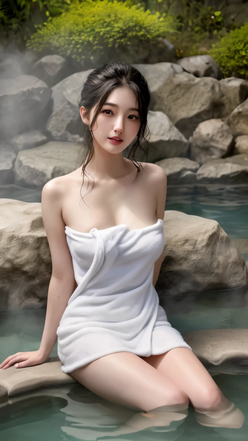 ((NSFW))、最high quality、high quality、best image quality、8K、最High resolution、High resolution、最high quality、masterpiece、far and near method、Detailed and realistic human body、Realistic skin in every detail、Realistic face in every detail、Realistic eyes down to the details、Realistic lips in every detail、Realistic teeth in every detail、Detailed and realistic ears、Detailed and realistic hair、Detailed and realistic arms、Realistic reproduction of every detail、Realistic fingers in every detail、(fine hands、thumb１reference４)、Realistic feet down to the last detail、((beautiful japanese girl))、(japanese model), (japanese woman)、((18 year old beautiful girl))、(black hair)、(random hairstyle)、(sexy look)、((whole body))、((beautiful upturned chest))、(slim style、slender style)、(whole body光沢肌、Fair skin)、((Wrap a thin white towel around your body.))、((Thin towel(濡れたThin towelを通して彼女の肌が見える))、(濡れたThin towelの上から乳首の形がはっきりわかる)、(濡れたThin towelを通して彼女のオマンコの形がはっきり見える)、((濡れたThin towelが彼女の肌に密着して張り付いています))、(soft natural light)、((in the deep forest(Natural hot springs gush out))、((Hot springs surrounded by rocks))、((deep bathtub(deep hot spring))、((Onsen Girls))、((Enter the hot spring))、((A woman warming herself in a hot spring))、((Woman lying down and relaxing in a hot spring))、((Soak in a hot spring))、((腰までSoak in a hot spring))、((寝転んでSoak in a hot spring))、((Sleep in hot springs))、((Lie down in the hot spring))、((肩までSoak in a hot spring))、((Extremely clear hot spring water))、((The main body seen from the water surface))、((A hot spring filled with thick steam))、((A lot of steam rises from the hot spring...))