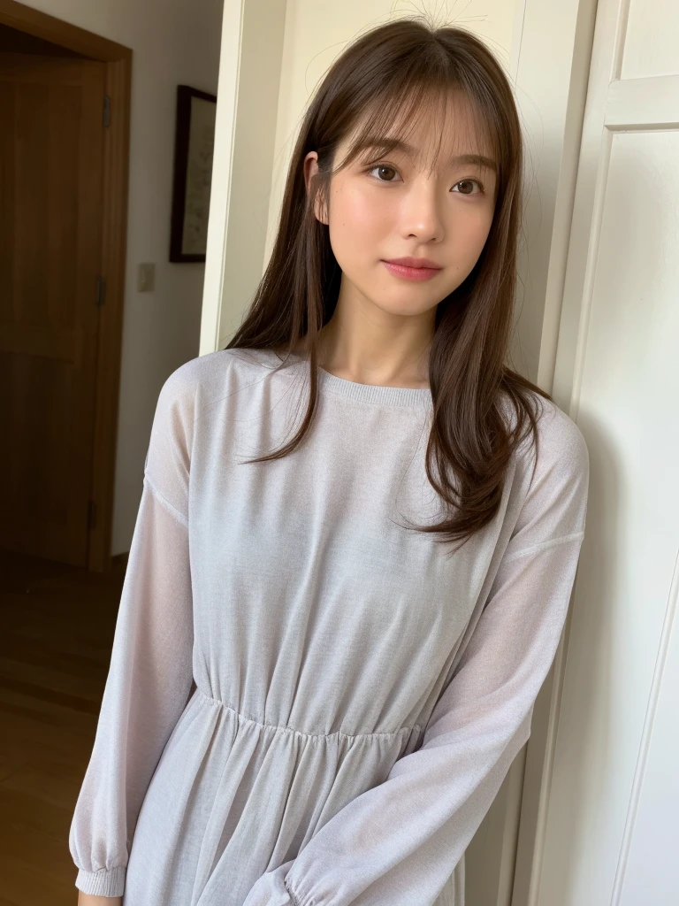 ((highest quality、8K、masterpiece:1.3))、ultra high resolution、(photogenuineistic:1.4)、table top、white wall、Taken in front of the white door、Photographed in natural light、Grey long-sleeved dress、Raw photo、Japanese,(face)、genuine、((profile))、Photographed in natural light、Highly detailed face and skin texture、highly detailed lips、correct state of the human body、straight hair、bright hair color、various poses、natural color lip 、long hair、((明るい茶色のstraight hair))、straight hair、shot from behind、look at the camera、Face the front、Super detailed、30 generation women、髪型はまっすぐなstraight hair、emphasizes the shine of hair