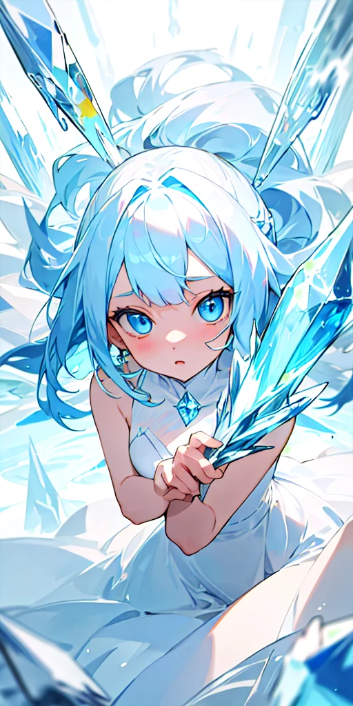 (masterpiece, best quality) 1girl with light blue hair, crystal blue eyes wearing an white dress and surround by ice 