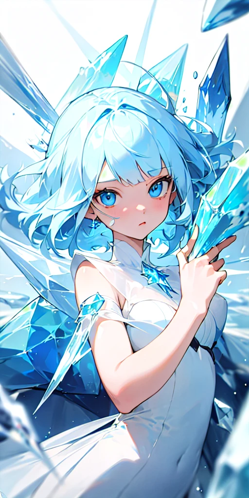 (masterpiece, best quality) 1girl with light blue hair, crystal blue eyes wearing an white dress and surround by ice