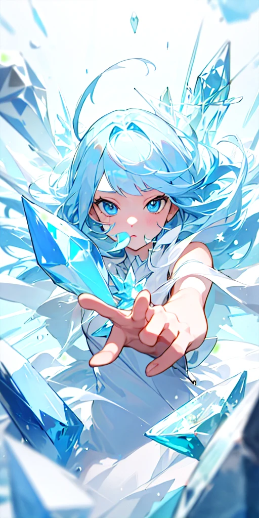 (masterpiece, best quality) 1girl with light blue hair, crystal blue eyes wearing an white dress and surround by ice