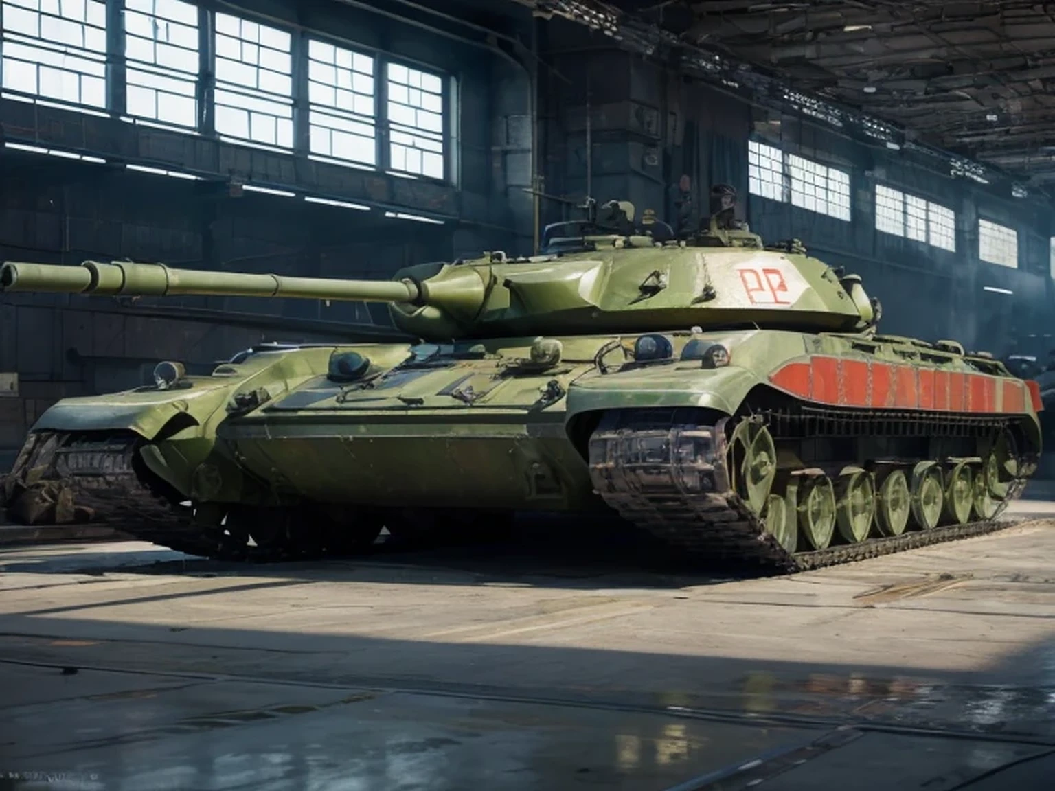 a heavy Soviet style tank with a motor with nuclear reactor on the chassis, many tubes, tank with radioactive liquid, radiation symbol painted on the chassis, Chinese symbols, Soviet symbols, it is in a military hangar, 4k, Ultra detailed image, realistic , Highly detailed, perfect composition, splendid, Intricately detailed, Incredibly detailed, 8 k artistic photography, hyper detailed, Masterpiece, Ultra detailed, Hyperrealistic, 4k, Ultra detailed image, realistic, Highly detailed, perfect composition, splendid, Intricately detailed, Incredibly detailed, 8K fine art photography, hyper detailed, Masterpiece