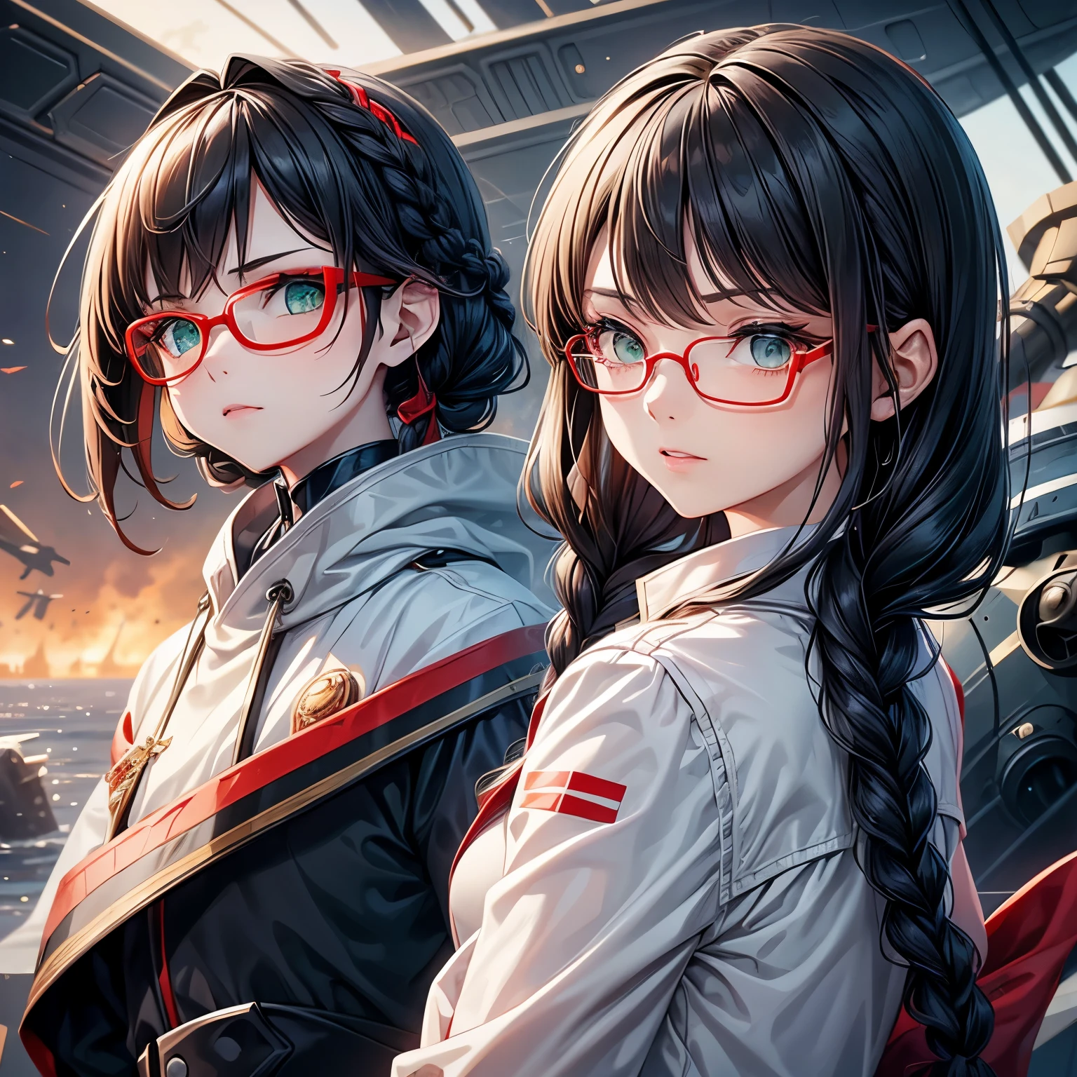 HD,Miss,Small size,black hair,Double Braid Hairstyle,bang bang,green eyes,red glasses,wearing formal attire,,white coat,dark expression,warship,ship , futuristic, Science fiction, warplane, space, war