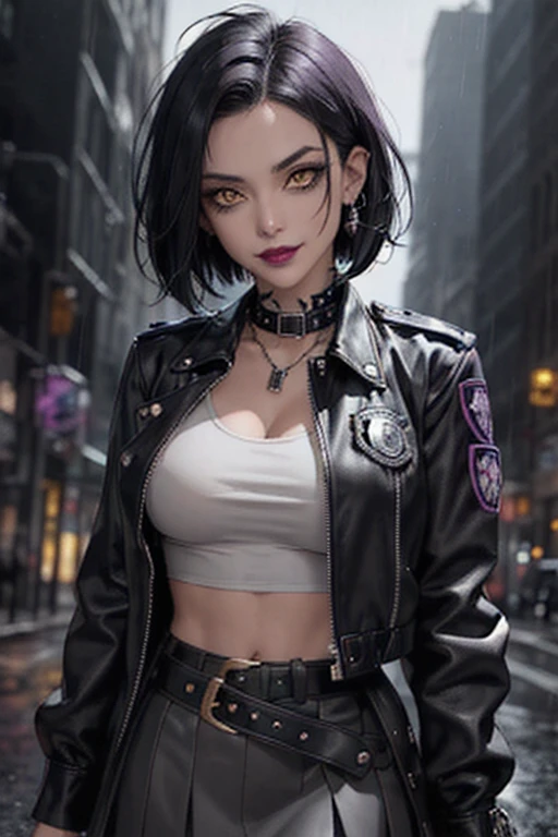 Beautiful police vampire, short black French bob hair at the back of her neck, yellow eyes with punk style makeup, purple lipstick, wearing a gray fitted blouse and skirt, punk style jacket, police badge on her belt, showing her defined abdomen, charming smile, in the backdrop of the night city with gentle rain