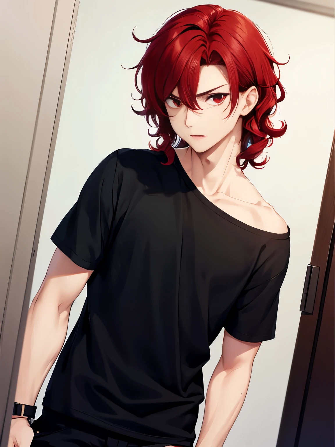 1boy, cool style,Black t-shirt,standing,expression shocked,close up photo,handsome,Shoulder length hair,curly hair, red hair,black trousers, black t-shirt,red eyes, vampire