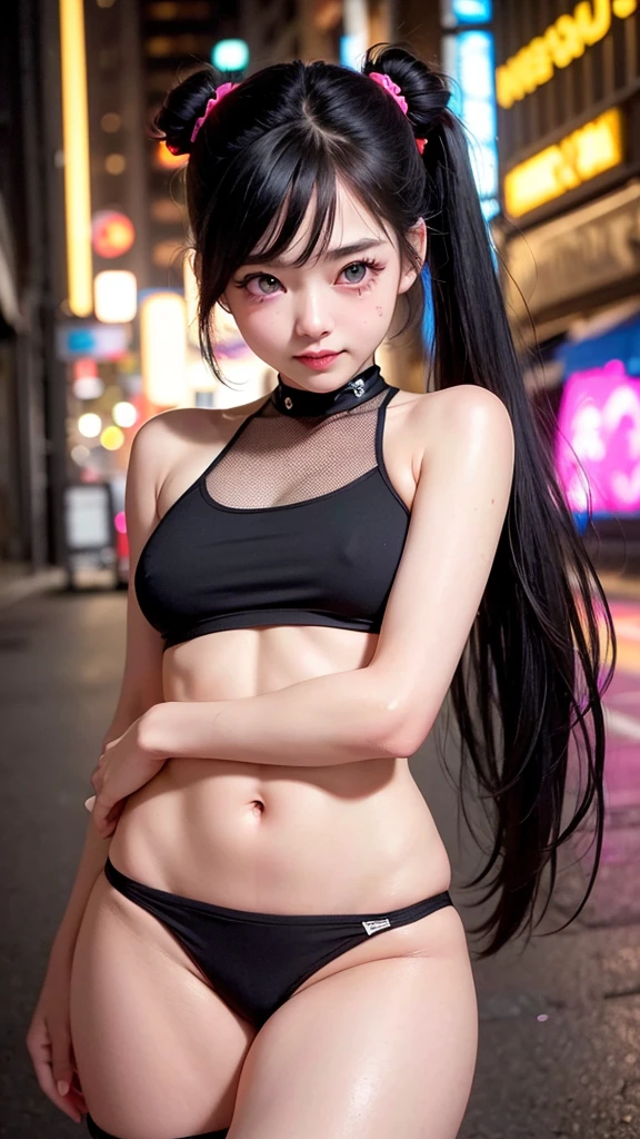,#Quality(8k,best quality,masterpiece,cinematic),solo,#1girl,,((She stuffs her cheek with the PENIS)),(deep throat),blowjob,(cute,kawaii,small kid,smile,hair floating,black hair and mesh by white,twin tail hair,nose blush,pale skin,skin color blue,eyes are red,red eyes shining,big eyes,ripped clothes:1.8,tight tube top,breast,tight hot pants,dynamic pose:1.6,bust shot:1.4,portrait:1.6,stomach seen little,punk fashion),#background(outside,cyberpunk metropolis,back alley,narrow street,dark,neon lights,night time),dynamic angle