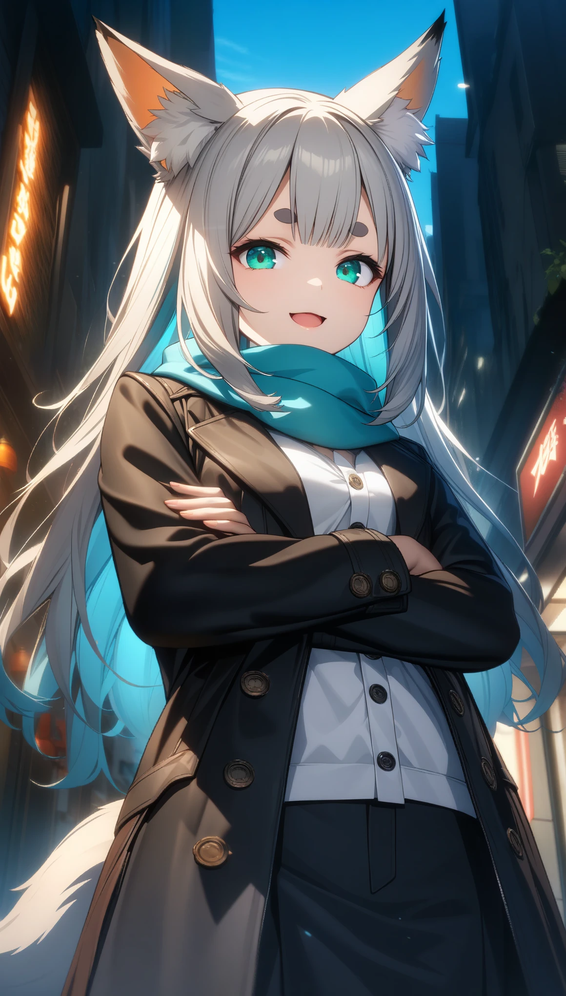 32k, best quality, ultra high res, HDR, UHD, extremely detailed CG, unity 32k wallpaper,  1 girl, animal earsの綿毛, animal ears, aqua eye, bangs, black coat, chest, button, coat, crossed arms, fox ears, fox girl, High resolution, large chest, long hair, looking at the viewer, open your mouth, 部分的にbuttonを外した状態,  road, scarf, shirt, short eyebrows, smile, alone, Are standing, street, tail, thick eyebrows, Upper body, white shirt, from below