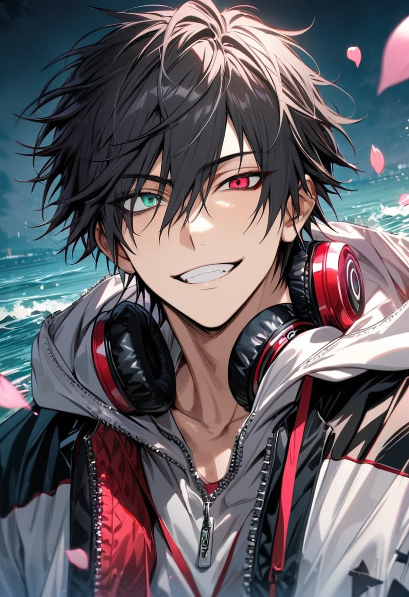 absurdres, highres, ultra detailed, HDR, master piece, best quality, Yamada Ichiro, chin length black hair, Hypnosis Mic, heterochromia, left eye is red, right eye is green, a white hoodie with two zippers, red varsity jacket, red headphones around his neck, 1man, handsome, grin, pink petals, water, pink flowers, pink butterflies