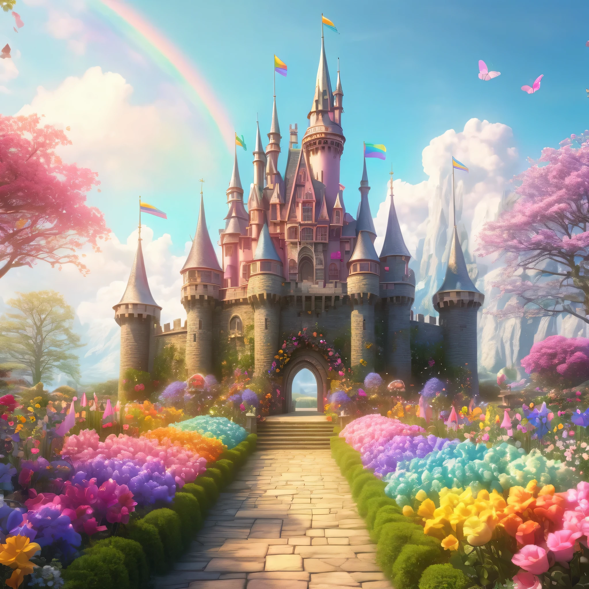 Whimsical Easter fairytale castle image, Featuring towers adorned with pastel flags and enchanting gardens filled with rainbow flowers., be familiar with, realistic, hd, Trending with ArtStation, In the style of Gustave Dore, Arthur Rackham, and Brian Froud.
