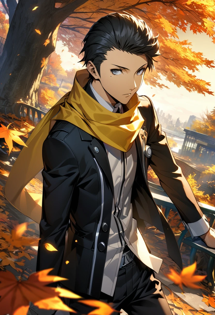 Ultra detailed, Highres, absurdres, HDR, Muchizuki Ryoji, black swept back hair, mole under his eye, Persona 3, yellow scarf with black patterns, orange leaves, autumn, black pants, handsome, 1 man only,